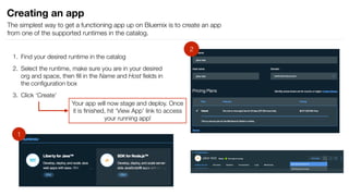 1. Find your desired runtime in the catalog
2. Select the runtime, make sure you are in your desired
org and space, then ﬁll in the Name and Host ﬁelds in
the conﬁguration box
3. Click ‘Create’
Your app will now stage and deploy. Once
it is ﬁnished, hit ‘View App’ link to access
your running app!
Creating an app
The simplest way to get a functioning app up on Bluemix is to create an app
from one of the supported runtimes in the catalog.
1
2
 
