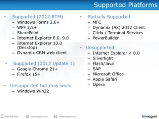Supported Platforms
• Supported (2012 RTM)
– Windows Forms 2.0+
– WPF 3.5+
– SharePoint
– Internet Explorer 8.0, 9.0
– Internet Explorer 10.0
(Desktop)
– Dynamix CRM web client
• Supported (2012 Update 1)
– Google Chrome 21+
– Firefox 15+
• Unsupported but may work
– Windows Win32
• Partially Supported
– MFC
– Dynamix (Ax) 2012 Client
– Citrix / Terminal Services
– PowerBuilder
• Unsupported
– Internet Explorer < 8.0
– Silverlight
– Flash/Java
– SAP
– Microsoft Office
– Apple Safari
– Opera
 