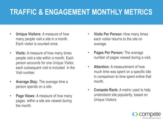 TRAFFIC & ENGAGEMENT MONTHLY METRICS
•

Unique Visitors: A measure of how
many people visit a site in a month.
Each visitor is counted once.

•

Visits Per Person: How many times
each visitor returns to the site on
average.

•

Visits: A measure of how many times
people visit a site within a month. Each
person accounts for one Unique Visitor,
each subsequent visit is included in the
Visit number.

•

Pages Per Person: The average
number of pages viewed during a visit.

•

Attention: A measurement of how
much time was spent on a specific site
in comparison to time spent online that
month.

•

Compete Rank: A metric used to help
understand site popularity, based on
Unique Visitors.

•
•

Average Stay: The average time a
person spends on a site.
Page Views: A measure of how many
pages within a site are viewed during
the month.

 