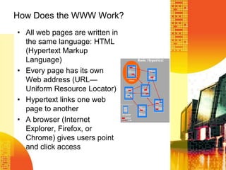 How Does the WWW Work?
• All web pages are written in
the same language: HTML
(Hypertext Markup
Language)
• Every page has its own
Web address (URL—
Uniform Resource Locator)
• Hypertext links one web
page to another
• A browser (Internet
Explorer, Firefox, or
Chrome) gives users point
and click access
 