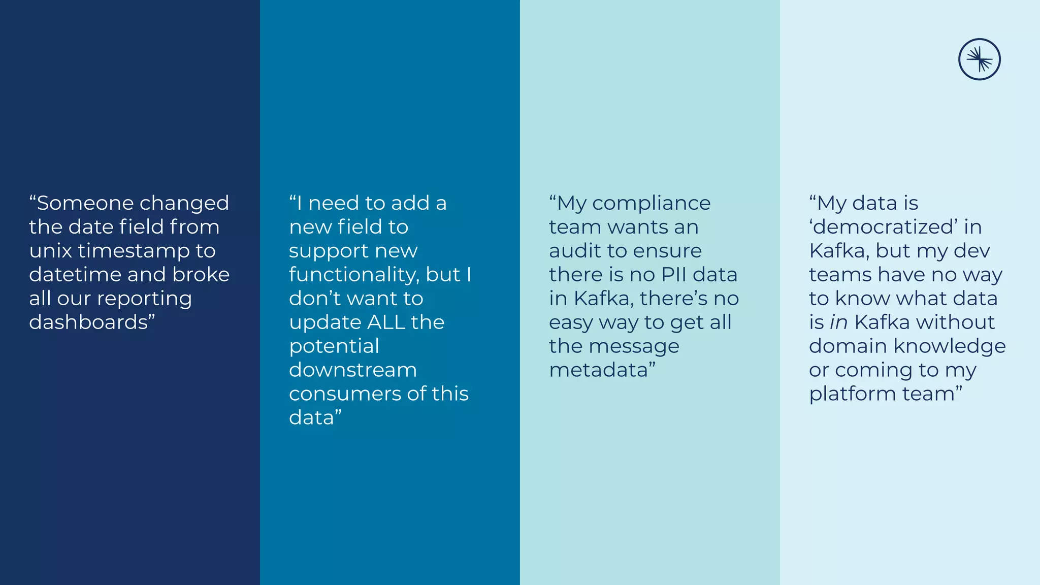 “Someone changed
the date ﬁeld from
unix timestamp to
datetime and broke
all our reporting
dashboards”
“I need to add a
new ﬁeld to
support new
functionality, but I
don’t want to
update ALL the
potential
downstream
consumers of this
data”
“My compliance
team wants an
audit to ensure
there is no PII data
in Kafka, there’s no
easy way to get all
the message
metadata”
“My data is
‘democratized’ in
Kafka, but my dev
teams have no way
to know what data
is in Kafka without
domain knowledge
or coming to my
platform team”
 