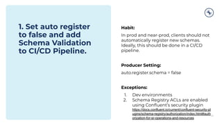 1. Set auto register
to false and add
Schema Validation
to CI/CD Pipeline.
20
Habit:
In prod and near-prod, clients should not
automatically register new schemas.
Ideally, this should be done in a CI/CD
pipeline.
Producer Setting:
auto.register.schema = false
Exceptions:
1. Dev environments
2. Schema Registry ACLs are enabled
using Conﬂuent’s security plugin
https://docs.confluent.io/current/confluent-security-pl
ugins/schema-registry/authorization/index.html#auth
orization-for-sr-operations-and-resources
 