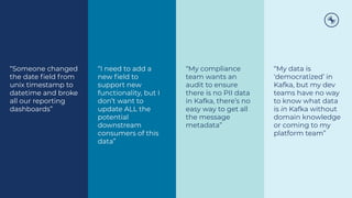 “Someone changed
the date ﬁeld from
unix timestamp to
datetime and broke
all our reporting
dashboards”
“I need to add a
new ﬁeld to
support new
functionality, but I
don’t want to
update ALL the
potential
downstream
consumers of this
data”
“My compliance
team wants an
audit to ensure
there is no PII data
in Kafka, there’s no
easy way to get all
the message
metadata”
“My data is
‘democratized’ in
Kafka, but my dev
teams have no way
to know what data
is in Kafka without
domain knowledge
or coming to my
platform team”
 