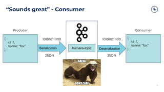 “Sounds great” - Consumer
6
{
id : 1,
name: “fox”
}
Serialization humans-topic Deserialization
{
id : 1,
name: “fox”
}
101010111100 101010111100
Producer Consumer
JSON JSON
 