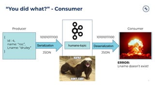 “You did what?” - Consumer
9
{
id : 4,
name: “roc”,
Lname: “druley”
}
Serialization humans-topic Deserialization
{
id : 1,
name: “patrick”,
Lname: “druley”
}
101010111100 101010111100
Producer Consumer
JSON JSON
ERROR:
Lname doesn’t exist!
 