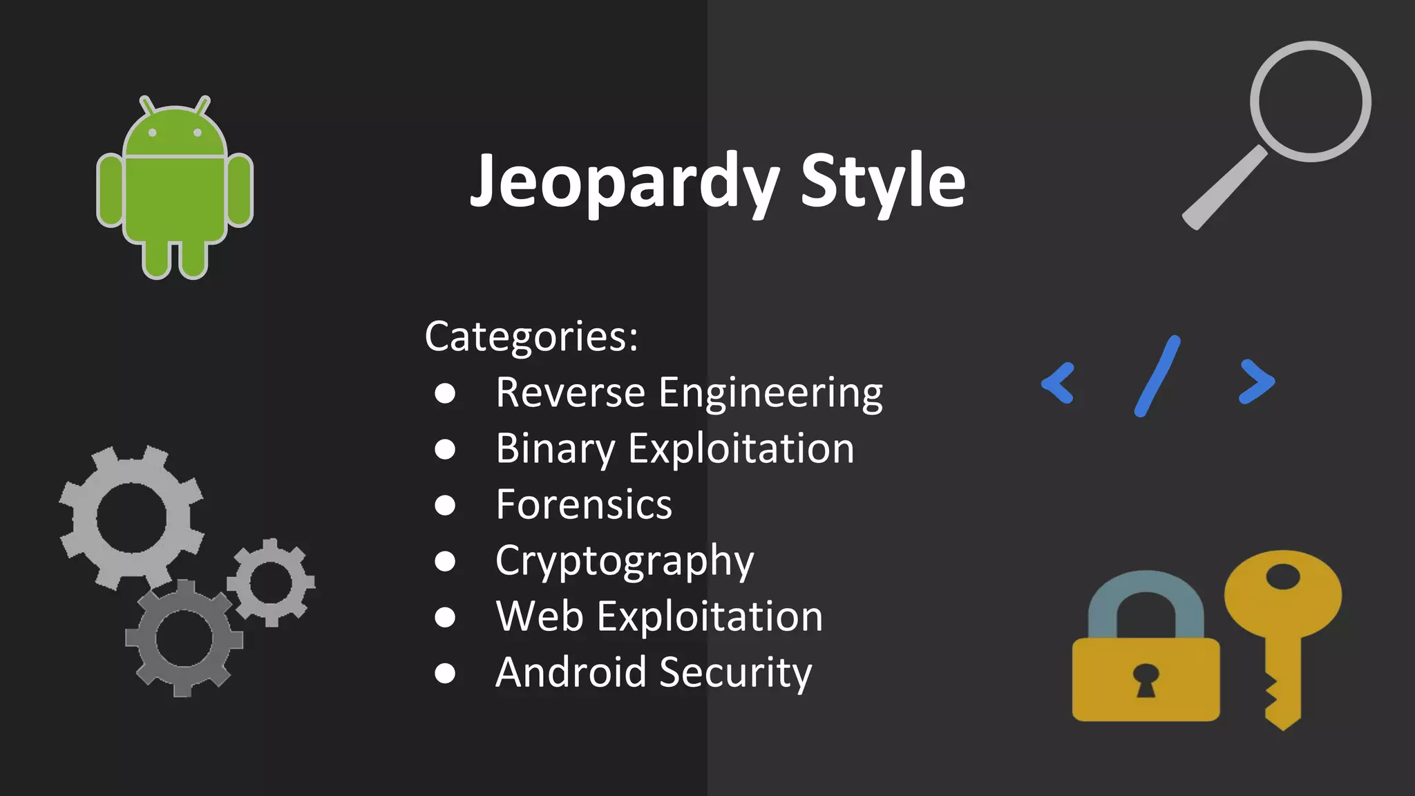 Jeopardy Style
Categories:
● Reverse Engineering
● Binary Exploitation
● Forensics
● Cryptography
● Web Exploitation
● Android Security
< / >
 