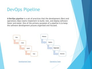 DevOps Pipeline
A DevOps pipeline is a set of practices that the development (Dev) and
operations (Ops) teams implement to build, test, and deploy software
faster and easier. One of the primary purposes of a pipeline is to keep
the software development process organized and focused.
 