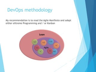 DevOps methodology
My recommendation is to read the Agile Manifesto and adopt
either eXtreme Programming and / or Kanban
 