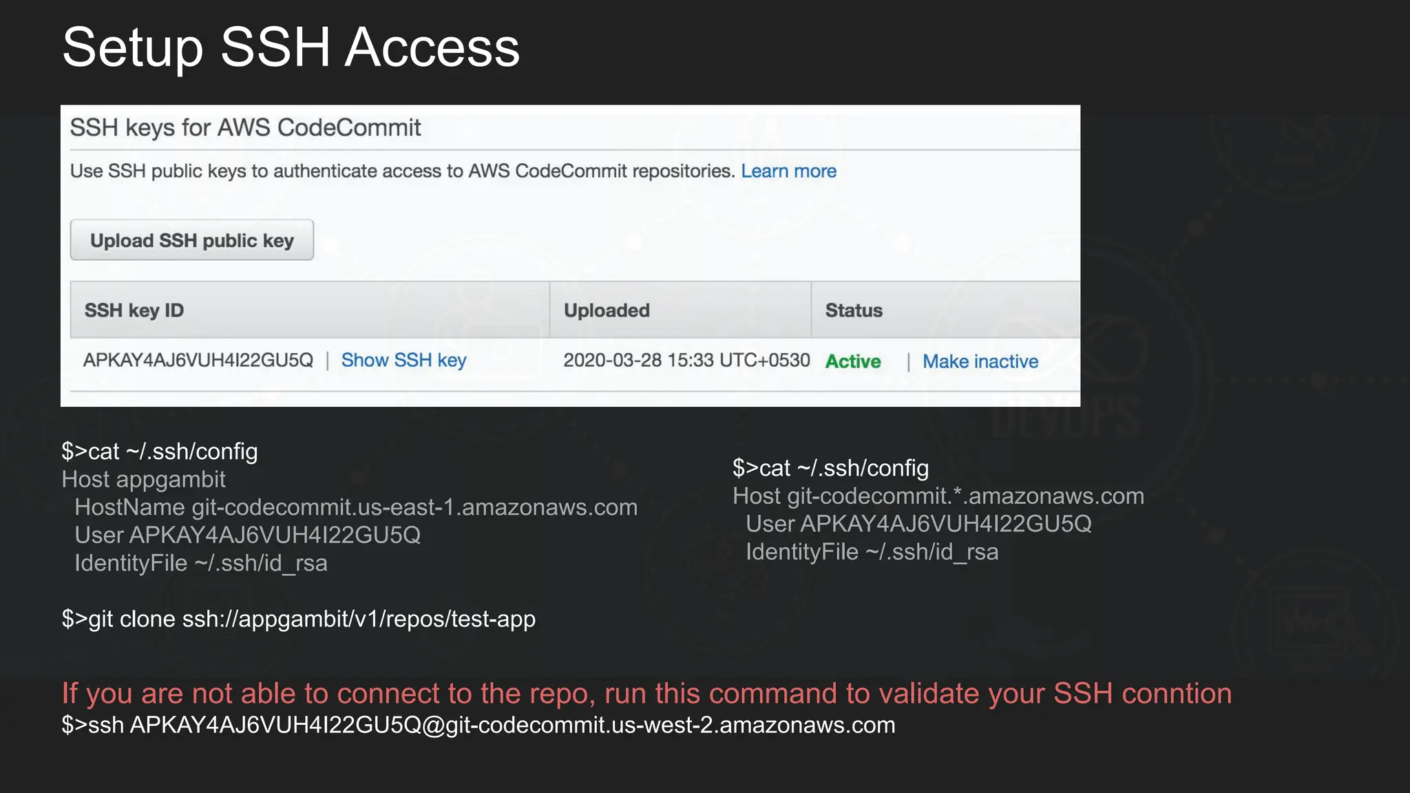 Setup SSH Access $>cat ~/.ssh/config Host appgambit HostName git-codecommit.us-east-1.amazonaws.com User APKAY4AJ6VUH4I22GU5Q IdentityFile ~/.ssh/id_rsa $>git clone ssh://appgambit/v1/repos/test-app If you are not able to connect to the repo, run this command to validate your SSH conntion $>ssh APKAY4AJ6VUH4I22GU5Q@git-codecommit.us-west-2.amazonaws.com $>cat ~/.ssh/config Host git-codecommit.*.amazonaws.com User APKAY4AJ6VUH4I22GU5Q IdentityFile ~/.ssh/id_rsa 