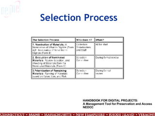 Selection Process HANDBOOK FOR DIGITAL PROJECTS: A Management Tool for Preservation and Access NEDCC 