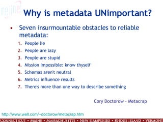 Why is metadata UNimportant? Seven insurmountable obstacles to reliable metadata: People lie  People are lazy  People are stupid  Mission Impossible: know thyself  Schemas aren't neutral  Metrics influence results  There's more than one way to describe something  Cory Doctorow - Metacrap http:// www.well.com/~doctorow/metacrap.htm 