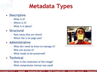 Metadata Types Descriptive What is it? Where is it? What is it about? Structural How many files are there? Which file is on page one? Administrative What do I need to know to manage it? Who can access it? What needs to be preserved? Technical What is the resolution of the image? What compression format was used? http://www.flickr.com/photos/saltatempo/323462998/sizes/s/ 