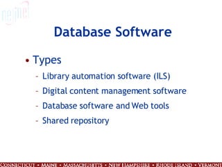 Database Software Types Library automation software (ILS) Digital content management software Database software and Web tools Shared repository 