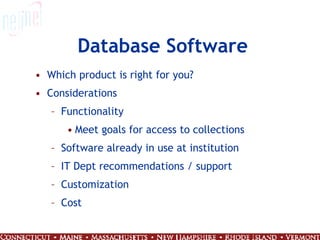 Database Software Which product is right for you? Considerations Functionality Meet goals for access to collections Software already in use at institution IT Dept recommendations / support Customization Cost 