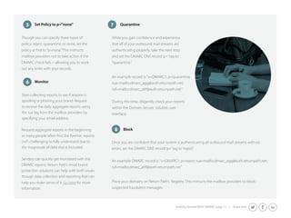 Getting Started With DMARC page 11 | Share this: 
5 Set Policy to p=”none” Quarantine 
Though you can specify three types of 
policy: reject, quarantine, or none, set the 
mailbox providers not to take action if the 
DMARC check fails -- allowing you to work 
out any kinks with your records. 
Start collecting reports to see if anyone is 
to receive the daily aggregate reports using 
the rua tag from the mailbox providers by 
specifying your email address. 
Request aggregate reports in the beginning, 
(ruf ) challenging to fully understand due to 
the magnitude of data that is included. 
Senders can quickly get inundated with the 
DMARC reports. Return Path’s email brand 
protection solutions can help with both issues 
though data collection and reporting that can 
help you make sense of it. Go here for more 
information. 
that all of your outbound mail streams are 
authenticating properly, take the next step 
and set the DMARC DNS record ‘p=’ tag to 
“quarantine.” 
An example record is: “v=DMARC1; p=quarantine; 
rua=mailto:dmarc_agg@auth.returnpath.net; 
ruf=mailto:dmarc_afrf@auth.returnpath.net” 
During this time, diligently check your reports 
within the Domain Secure solution user 
interface. 
errors, set the DMARC DNS record ‘p=’ tag to “reject.” 
An example DMARC record is: “v=DMARC1; p=reject; rua=mailto:dmarc_agg@auth.returnpath.net; 
ruf=mailto:dmarc_afrf@auth.returnpath.net” 
Place your domains on Return Path’s Registry. This instructs the mailbox providers to block 
suspected fraudulent messages. 
6 Monitor 
7 
8 Block 
 