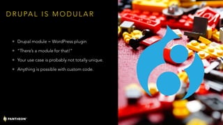 D R U PA L I S M O D U L A R
• Drupal module = WordPress plugin
• “There’s a module for that!”
• Your use case is probably not totally unique.
• Anything is possible with custom code.
17
 