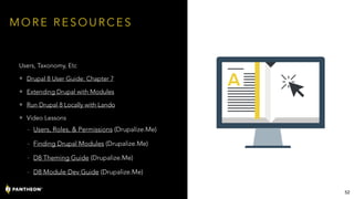 M O R E R E S O U R C E S
Users, Taxonomy, Etc
• Drupal 8 User Guide: Chapter 7
• Extending Drupal with Modules
• Run Drupal 8 Locally with Lando
• Video Lessons
- Users, Roles, & Permissions (Drupalize.Me)
- Finding Drupal Modules (Drupalize.Me)
- D8 Theming Guide (Drupalize.Me)
- D8 Module Dev Guide (Drupalize.Me)
52
 