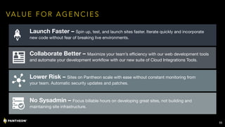55
VA L U E F O R A G E N C I E S
Launch Faster – Spin up, test, and launch sites faster. Iterate quickly and incorporate
new code without fear of breaking live environments.
Collaborate Better – Maximize your team’s eﬃciency with our web development tools
and automate your development workﬂow with our new suite of Cloud Integrations Tools.
Lower Risk – Sites on Pantheon scale with ease without constant monitoring from
your team. Automatic security updates and patches.
No Sysadmin – Focus billable hours on developing great sites, not building and
maintaining site infrastructure.
 