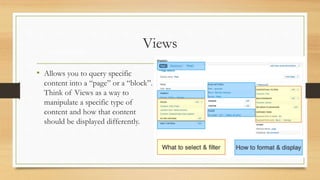 Views
• Allows you to query specific
content into a “page” or a “block”.
Think of Views as a way to
manipulate a specific type of
content and how that content
should be displayed differently.
Favorite Modules
 