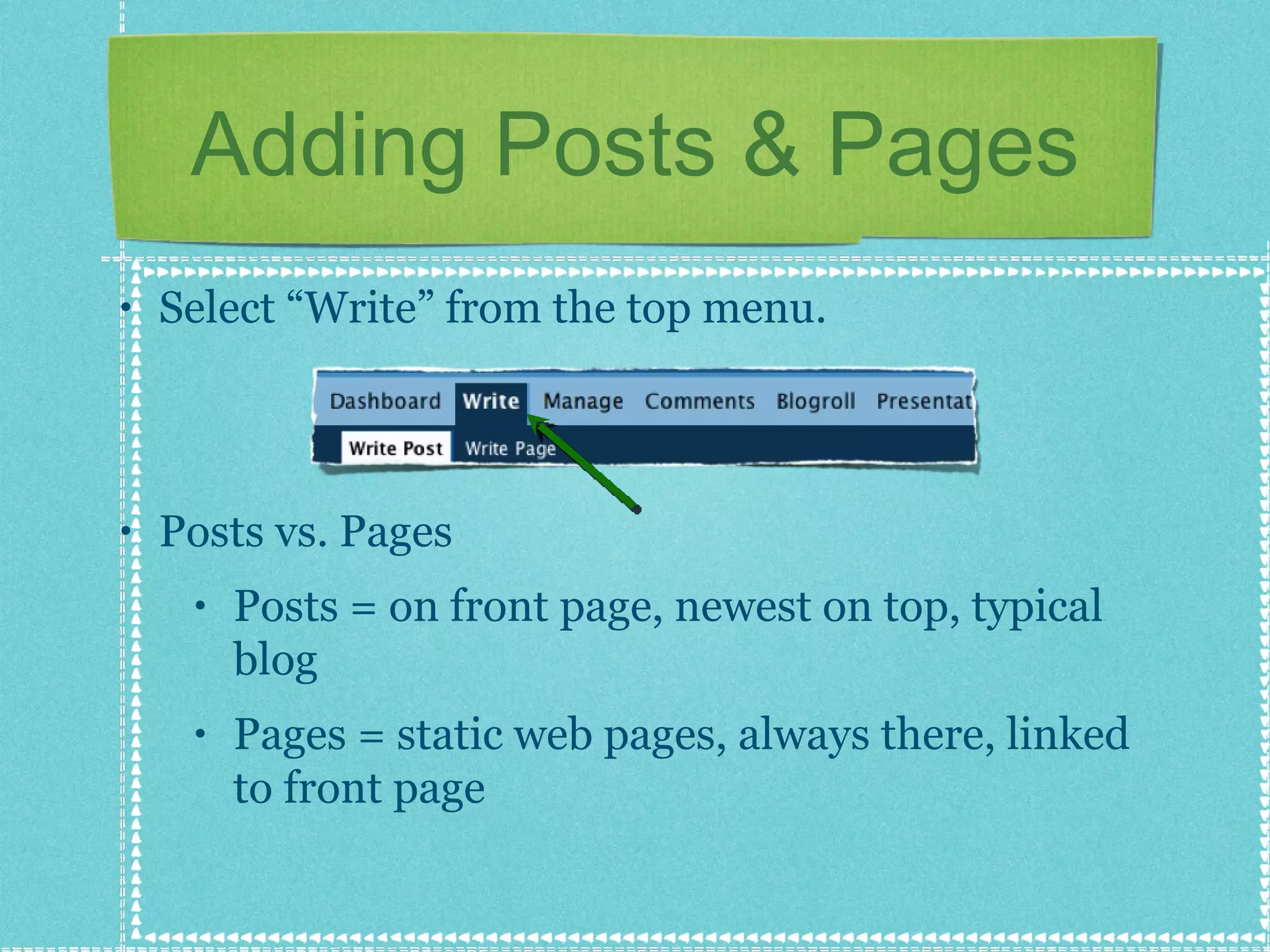 Adding Posts & Pages Select “Write” from the top menu. Posts vs. Pages Posts = on front page, newest on top, typical blog Pages = static web pages, always there, linked to front page 