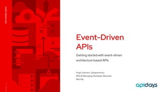 1
Getting started with event-driven
architecture based APIs
Event-Driven
APIs
EVENT-DRIVEN
APIs
Hugo Guerrero (@hguerreroo)
APIs & Messaging Developer Advocate
Red Hat
 