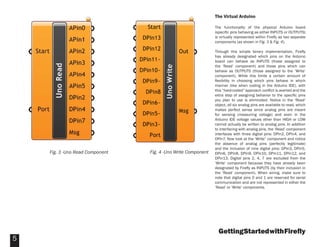 GettingStartedwithFireﬂy
5
The Virtual Arduino
The functionality of the physical Arduino board
(speciﬁc pins behaving as either INPUTS or OUTPUTS)
is virtually represented within Fireﬂy as two separate
components (as shown in Fig. 3 & Fig. 4).
Through this simple binary implementation, Fireﬂy
has already designated which pins on the Arduino
board can behave as INPUTS (those assigned to
the ‘Read’ component) and those pins which can
behave as OUTPUTS (those assigned to the ‘Write’
component). While this limits a certain amount of
ﬂexibility in choosing which pins behave in which
manner (like when coding in the Arduino IDE), with
this “hard-coded” approach conﬂict is averted and the
extra step of assigning behavior to the speciﬁc pins
you plan to use is eliminated. Notice in the ‘Read’
object, all six analog pins are available to read, which
makes perfect sense since analog pins are meant
for sensing (measuring voltage) and even in the
Arduino IDE voltage values other than HIGH or LOW
cannot actually be written to analog pins. In addition
to interfacing with analog pins, the ‘Read’ component
interfaces with three digital pins: DPin2, DPin4, and
DPin7. Now look at the ‘Write” component and notice
the absence of analog pins (perfectly legitimate)
and the inclusion of nine digital pins: DPin3, DPin5,
DPin6, DPin8, DPin9, DPin10, DPin11, DPin12, and
DPin13. Digital pins 2, 4, 7 are excluded from the
‘Write’ component because they have already been
designated by Fireﬂy as INPUTS (by their inclusion in
the ‘Read’ component). When wiring, make sure to
note that digital pins 0 and 1 are reserved for serial
communication and are not represented in either the
‘Read’ or ‘Write’ components.
Fig. 3 -Uno Read Component Fig. 4 -Uno Write Component
 