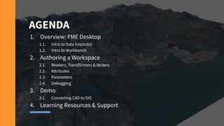 AGENDA
1. Overview: FME Desktop
1.1. Intro to Data Inspector
1.2. Intro to Workbench
2. Authoring a Workspace
2.1. Readers...