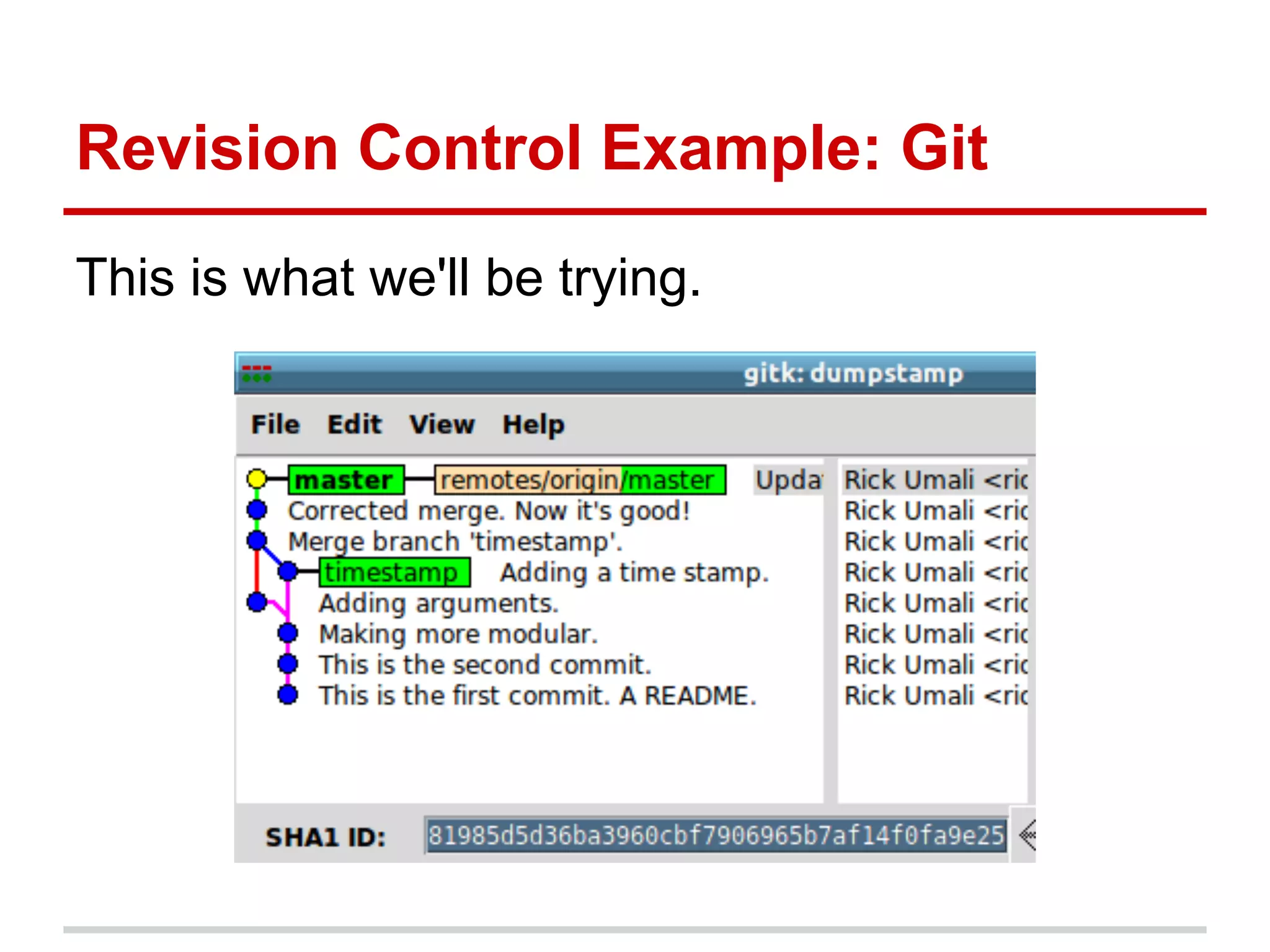 Revision Control Example: Git
This is what we'll be trying.
 