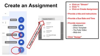 Create an Assignment ● Click on "Stream"
● Click "+
● Click on Create Assignment
• Provide a title and instructions
• Provide a Due Date and Time
• Provide resources:
- Attachment
- Drive Template
- YouTube Video
- Web-link
• Click "Assign"
 