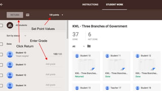 Grading Assignments
• Set Point Value (1, 20, 50, 100, Ungraded)
• Click “No Grade” in the Grade column to enter the score.
• Send a note to the student with desired feedback. The student can respond!
• Click “Return” to send the assignment back to the student.
Download a CSV file of all the
gades and upload to your
gradebook!
Set Point Values
Enter Grade
Click Return
 