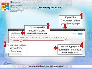 (a) Creating Document


                                                         If you click
                                                     ‘Document’, this is
                                                     your viewing page.
                          To rename this
                         document, click
                       ‘Untitled document’.



This is your toolbar
                                                     You can type your
   with editing
                                                   document similar to a
     functions.
                                                      word processer.
 