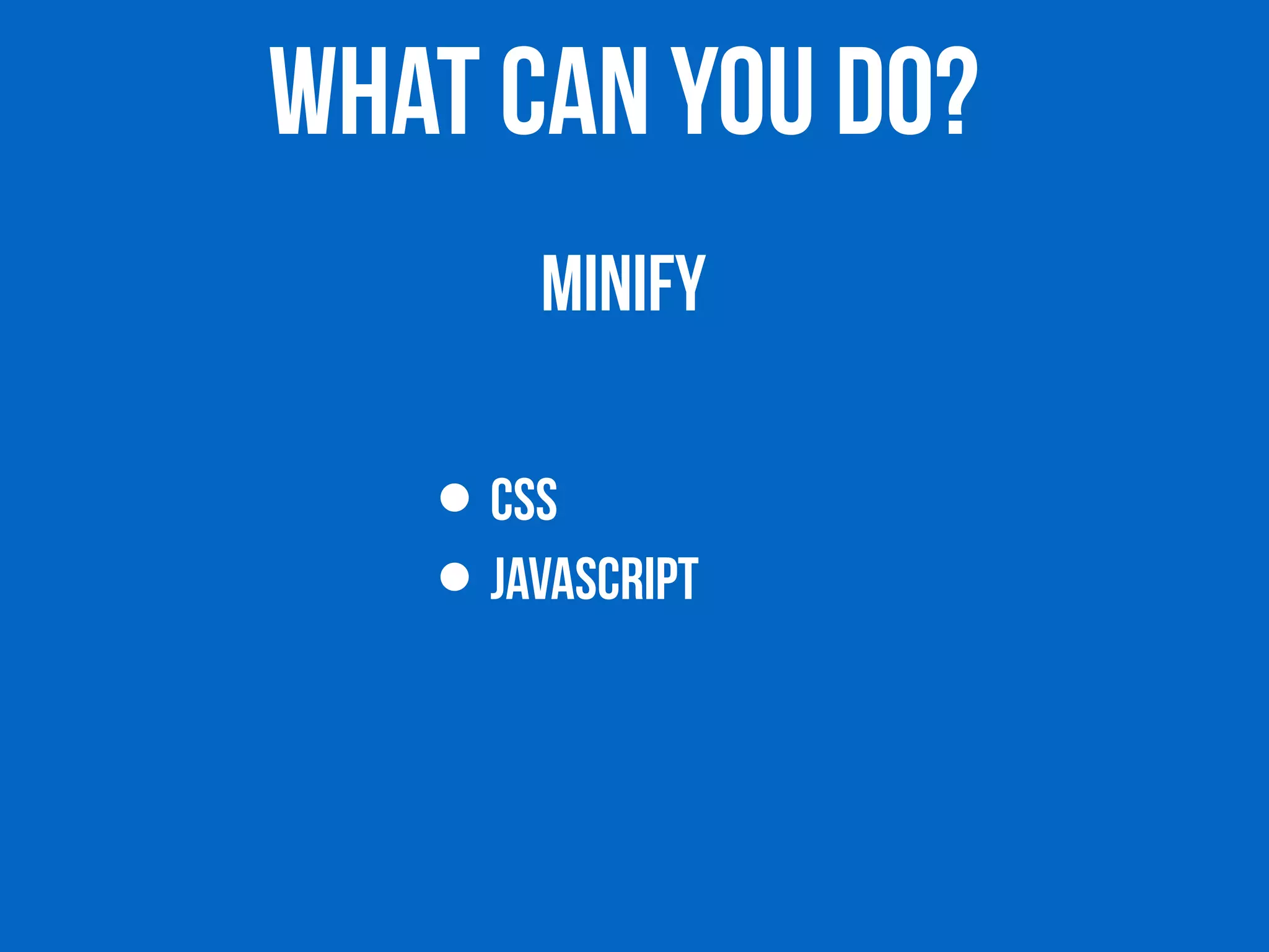 WHAT CAN YOU DO? 
MINIFY 
• CSS 
• JAVASCRIPT 
 