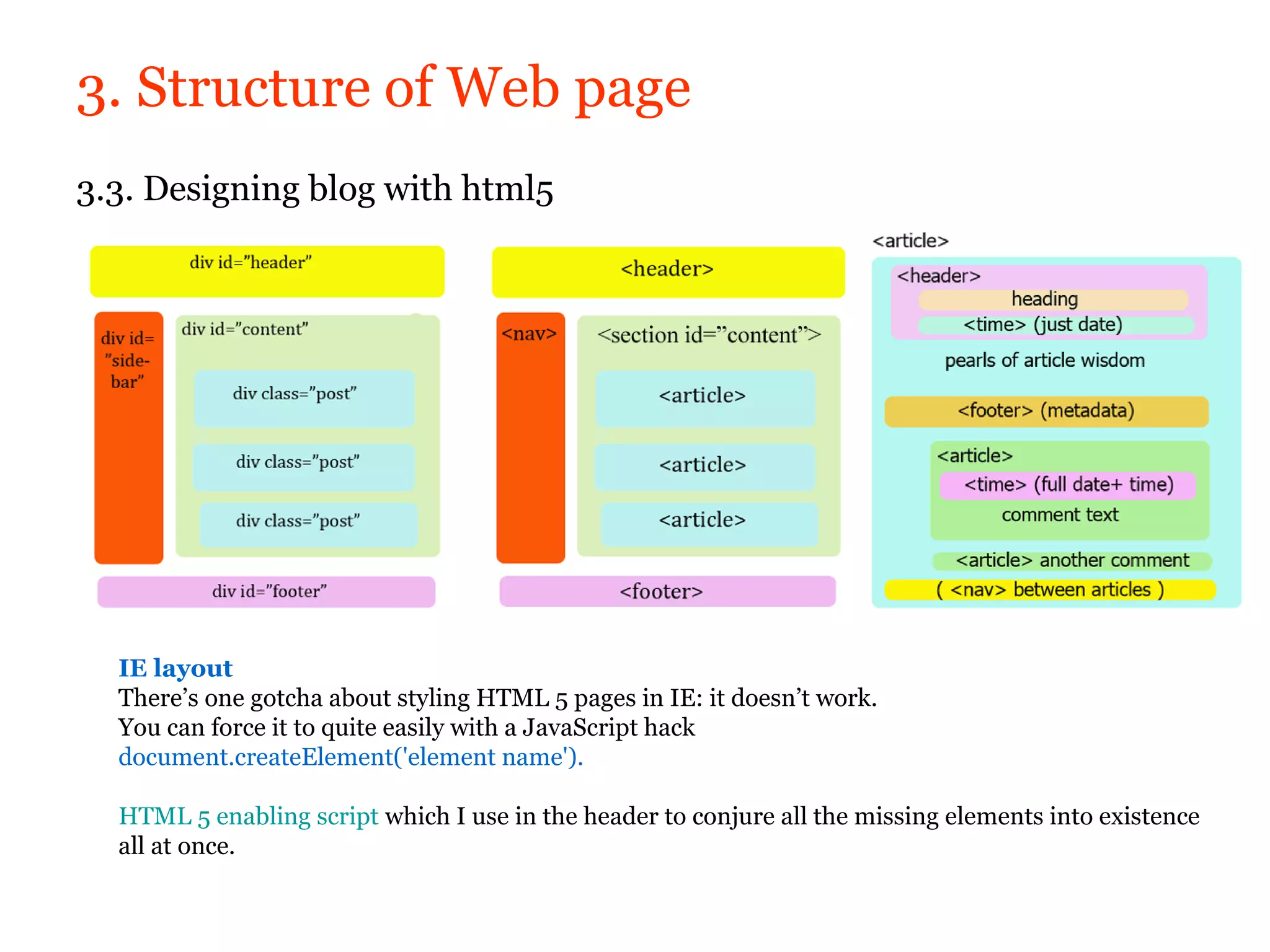 3. Structure of Web page
3.3. Designing blog with html5




  IE layout
  There’s one gotcha about styling HTML 5 pages in IE: it doesn’t work.
  You can force it to quite easily with a JavaScript hack
  document.createElement('element name').

  HTML 5 enabling script which I use in the header to conjure all the missing elements into existence
  all at once.
 
