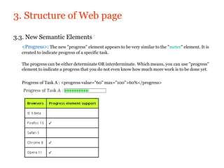 3. Structure of Web page

3.3. New Semantic Elements
  <Progress>: The new "progress" element appears to be very similar to the "meter" element. It is
  created to indicate progress of a specific task.

  The progress can be either determinate OR interderminate. Which means, you can use "progress"
  element to indicate a progress that you do not even know how much more work is to be done yet.


  Progress of Task A : <progress value="60" max="100">60%</progress>
 