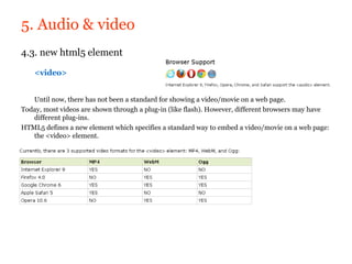 5. Audio & video
4.3. new html5 element

    <video>


   Until now, there has not been a standard for showing a video/movie on a web page.
Today, most videos are shown through a plug-in (like flash). However, different browsers may have
   different plug-ins.
HTML5 defines a new element which specifies a standard way to embed a video/movie on a web page:
   the <video> element.
 