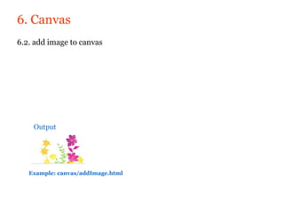 6. Canvas
6.2. add image to canvas




    Output




   Example: canvas/addImage.html
 