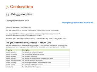 7. Geolocation
7.3. Using geolocation

Displaying results in a MAP
                              Example: geolocation/map.html
 