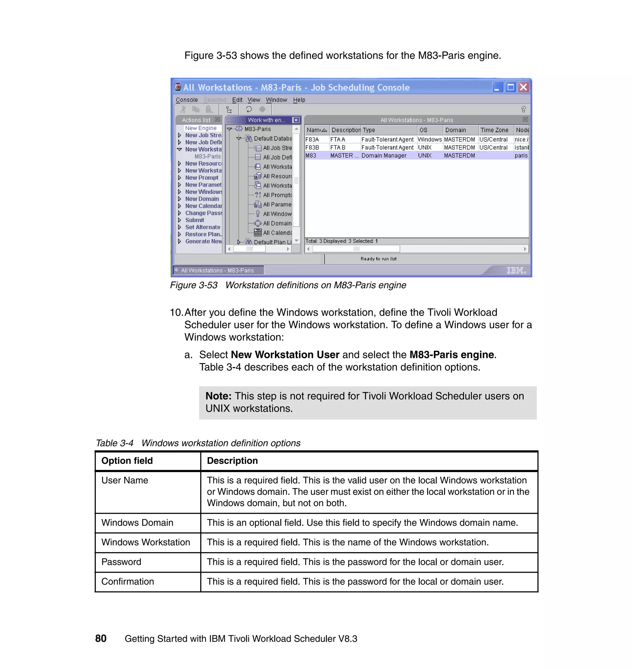 Figure 3-53 shows the defined workstations for the M83-Paris engine.




                 Figure 3-53 Workstation definitions on M83-Paris engine

                 10.After you define the Windows workstation, define the Tivoli Workload
                    Scheduler user for the Windows workstation. To define a Windows user for a
                    Windows workstation:
                    a. Select New Workstation User and select the M83-Paris engine.
                       Table 3-4 describes each of the workstation definition options.

                         Note: This step is not required for Tivoli Workload Scheduler users on
                         UNIX workstations.


Table 3-4 Windows workstation definition options
 Option field             Description

 User Name                This is a required field. This is the valid user on the local Windows workstation
                          or Windows domain. The user must exist on either the local workstation or in the
                          Windows domain, but not on both.

 Windows Domain           This is an optional field. Use this field to specify the Windows domain name.

 Windows Workstation      This is a required field. This is the name of the Windows workstation.

 Password                 This is a required field. This is the password for the local or domain user.

 Confirmation             This is a required field. This is the password for the local or domain user.




80    Getting Started with IBM Tivoli Workload Scheduler V8.3
 