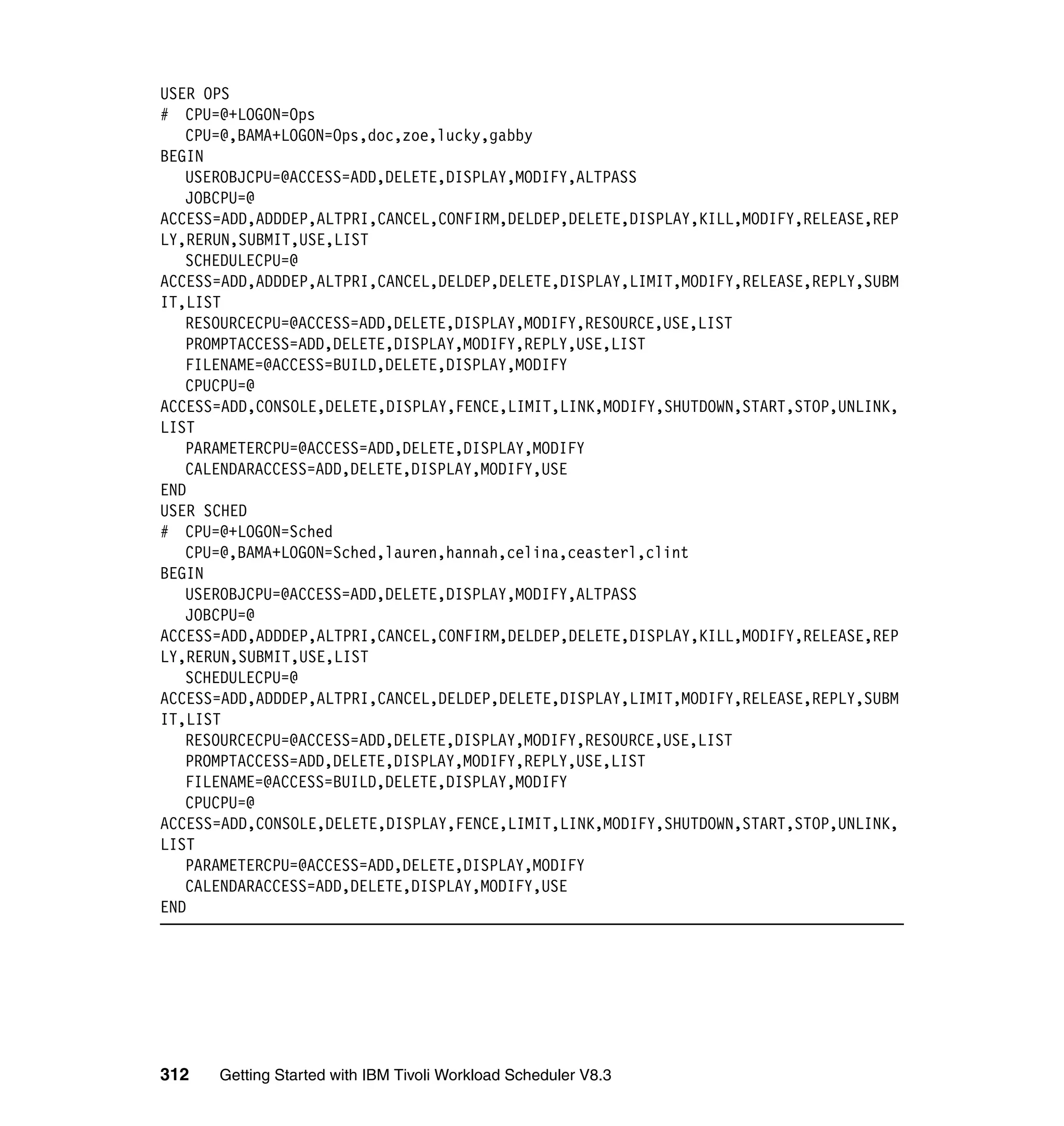 USER OPS
# CPU=@+LOGON=Ops
   CPU=@,BAMA+LOGON=Ops,doc,zoe,lucky,gabby
BEGIN
   USEROBJCPU=@ACCESS=ADD,DELETE,DISPLAY,MODIFY,ALTPASS
   JOBCPU=@
ACCESS=ADD,ADDDEP,ALTPRI,CANCEL,CONFIRM,DELDEP,DELETE,DISPLAY,KILL,MODIFY,RELEASE,REP
LY,RERUN,SUBMIT,USE,LIST
   SCHEDULECPU=@
ACCESS=ADD,ADDDEP,ALTPRI,CANCEL,DELDEP,DELETE,DISPLAY,LIMIT,MODIFY,RELEASE,REPLY,SUBM
IT,LIST
   RESOURCECPU=@ACCESS=ADD,DELETE,DISPLAY,MODIFY,RESOURCE,USE,LIST
   PROMPTACCESS=ADD,DELETE,DISPLAY,MODIFY,REPLY,USE,LIST
   FILENAME=@ACCESS=BUILD,DELETE,DISPLAY,MODIFY
   CPUCPU=@
ACCESS=ADD,CONSOLE,DELETE,DISPLAY,FENCE,LIMIT,LINK,MODIFY,SHUTDOWN,START,STOP,UNLINK,
LIST
   PARAMETERCPU=@ACCESS=ADD,DELETE,DISPLAY,MODIFY
   CALENDARACCESS=ADD,DELETE,DISPLAY,MODIFY,USE
END
USER SCHED
# CPU=@+LOGON=Sched
   CPU=@,BAMA+LOGON=Sched,lauren,hannah,celina,ceasterl,clint
BEGIN
   USEROBJCPU=@ACCESS=ADD,DELETE,DISPLAY,MODIFY,ALTPASS
   JOBCPU=@
ACCESS=ADD,ADDDEP,ALTPRI,CANCEL,CONFIRM,DELDEP,DELETE,DISPLAY,KILL,MODIFY,RELEASE,REP
LY,RERUN,SUBMIT,USE,LIST
   SCHEDULECPU=@
ACCESS=ADD,ADDDEP,ALTPRI,CANCEL,DELDEP,DELETE,DISPLAY,LIMIT,MODIFY,RELEASE,REPLY,SUBM
IT,LIST
   RESOURCECPU=@ACCESS=ADD,DELETE,DISPLAY,MODIFY,RESOURCE,USE,LIST
   PROMPTACCESS=ADD,DELETE,DISPLAY,MODIFY,REPLY,USE,LIST
   FILENAME=@ACCESS=BUILD,DELETE,DISPLAY,MODIFY
   CPUCPU=@
ACCESS=ADD,CONSOLE,DELETE,DISPLAY,FENCE,LIMIT,LINK,MODIFY,SHUTDOWN,START,STOP,UNLINK,
LIST
   PARAMETERCPU=@ACCESS=ADD,DELETE,DISPLAY,MODIFY
   CALENDARACCESS=ADD,DELETE,DISPLAY,MODIFY,USE
END




312   Getting Started with IBM Tivoli Workload Scheduler V8.3
 