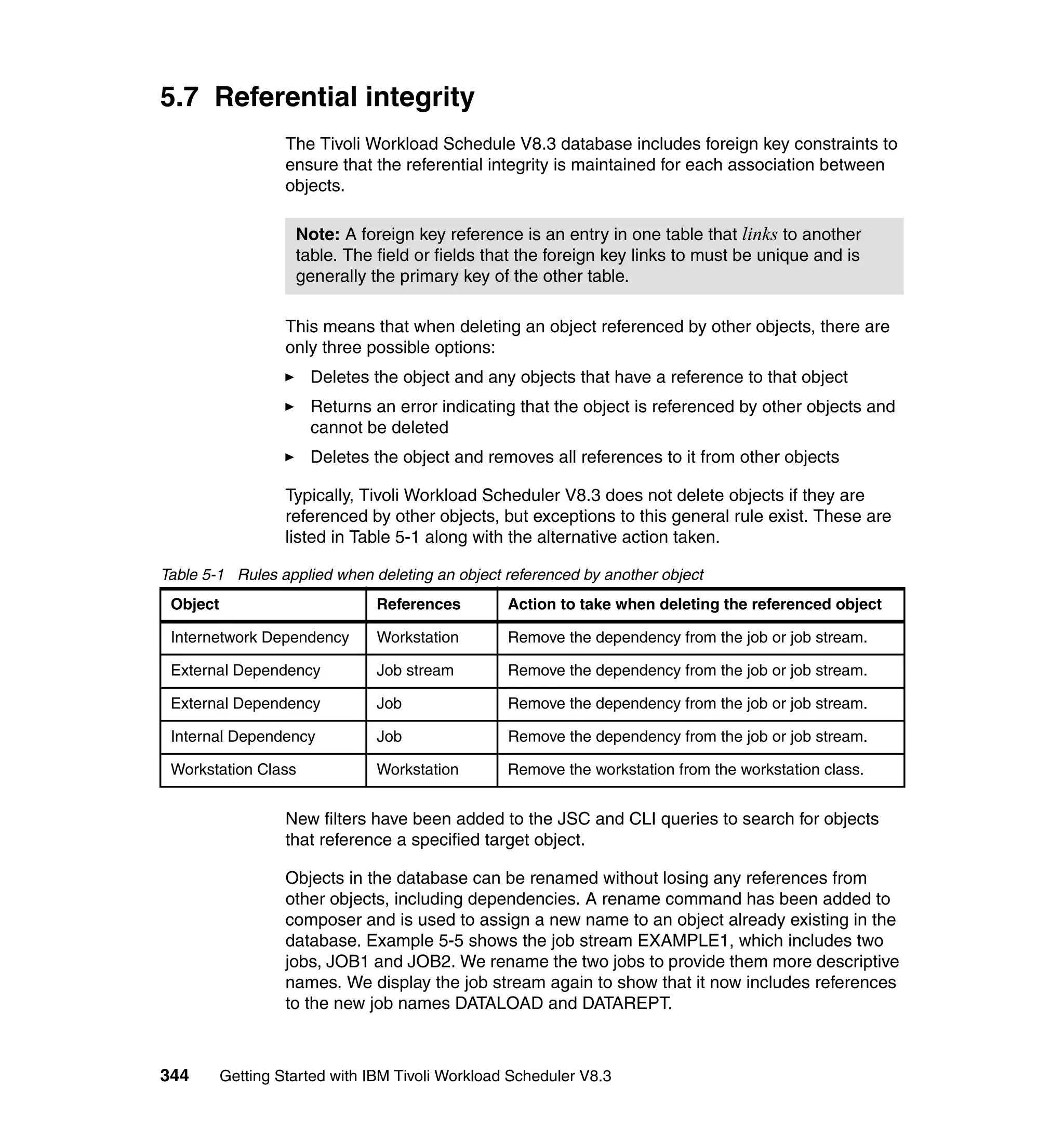 5.7 Referential integrity
                   The Tivoli Workload Schedule V8.3 database includes foreign key constraints to
                   ensure that the referential integrity is maintained for each association between
                   objects.

                    Note: A foreign key reference is an entry in one table that links to another
                    table. The field or fields that the foreign key links to must be unique and is
                    generally the primary key of the other table.

                   This means that when deleting an object referenced by other objects, there are
                   only three possible options:
                      Deletes the object and any objects that have a reference to that object
                      Returns an error indicating that the object is referenced by other objects and
                      cannot be deleted
                      Deletes the object and removes all references to it from other objects

                   Typically, Tivoli Workload Scheduler V8.3 does not delete objects if they are
                   referenced by other objects, but exceptions to this general rule exist. These are
                   listed in Table 5-1 along with the alternative action taken.

Table 5-1 Rules applied when deleting an object referenced by another object
 Object                         References        Action to take when deleting the referenced object

 Internetwork Dependency        Workstation       Remove the dependency from the job or job stream.

 External Dependency            Job stream        Remove the dependency from the job or job stream.

 External Dependency            Job               Remove the dependency from the job or job stream.

 Internal Dependency            Job               Remove the dependency from the job or job stream.

 Workstation Class              Workstation       Remove the workstation from the workstation class.


                   New filters have been added to the JSC and CLI queries to search for objects
                   that reference a specified target object.

                   Objects in the database can be renamed without losing any references from
                   other objects, including dependencies. A rename command has been added to
                   composer and is used to assign a new name to an object already existing in the
                   database. Example 5-5 shows the job stream EXAMPLE1, which includes two
                   jobs, JOB1 and JOB2. We rename the two jobs to provide them more descriptive
                   names. We display the job stream again to show that it now includes references
                   to the new job names DATALOAD and DATAREPT.



344       Getting Started with IBM Tivoli Workload Scheduler V8.3
 