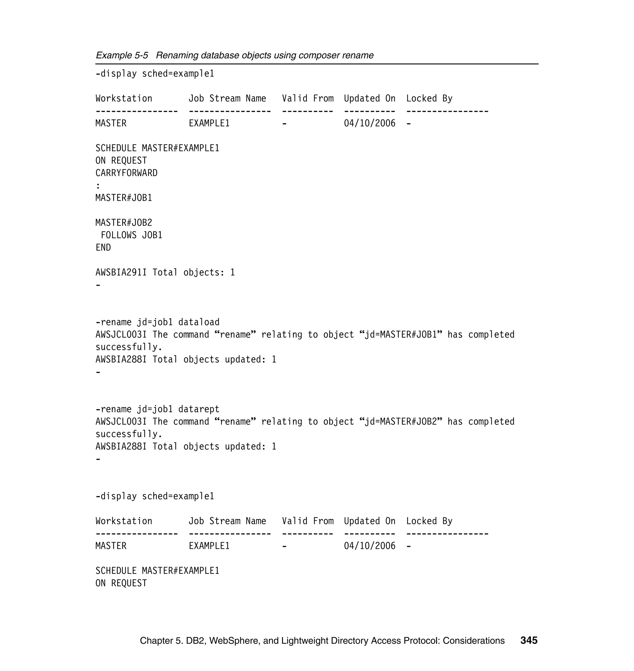 Example 5-5 Renaming database objects using composer rename
-display sched=example1

Workstation         Job Stream Name      Valid From    Updated On     Locked By
----------------    ----------------     ----------    ----------     ----------------
MASTER              EXAMPLE1             -             04/10/2006     -

SCHEDULE MASTER#EXAMPLE1
ON REQUEST
CARRYFORWARD
:
MASTER#JOB1

MASTER#JOB2
 FOLLOWS JOB1
END

AWSBIA291I Total objects: 1
-


-rename jd=job1 dataload
AWSJCL003I The command “rename” relating to object “jd=MASTER#JOB1” has completed
successfully.
AWSBIA288I Total objects updated: 1
-


-rename jd=job1 datarept
AWSJCL003I The command “rename” relating to object “jd=MASTER#JOB2” has completed
successfully.
AWSBIA288I Total objects updated: 1
-


-display sched=example1

Workstation         Job Stream Name      Valid From    Updated On     Locked By
----------------    ----------------     ----------    ----------     ----------------
MASTER              EXAMPLE1             -             04/10/2006     -

SCHEDULE MASTER#EXAMPLE1
ON REQUEST




         Chapter 5. DB2, WebSphere, and Lightweight Directory Access Protocol: Considerations   345
 
