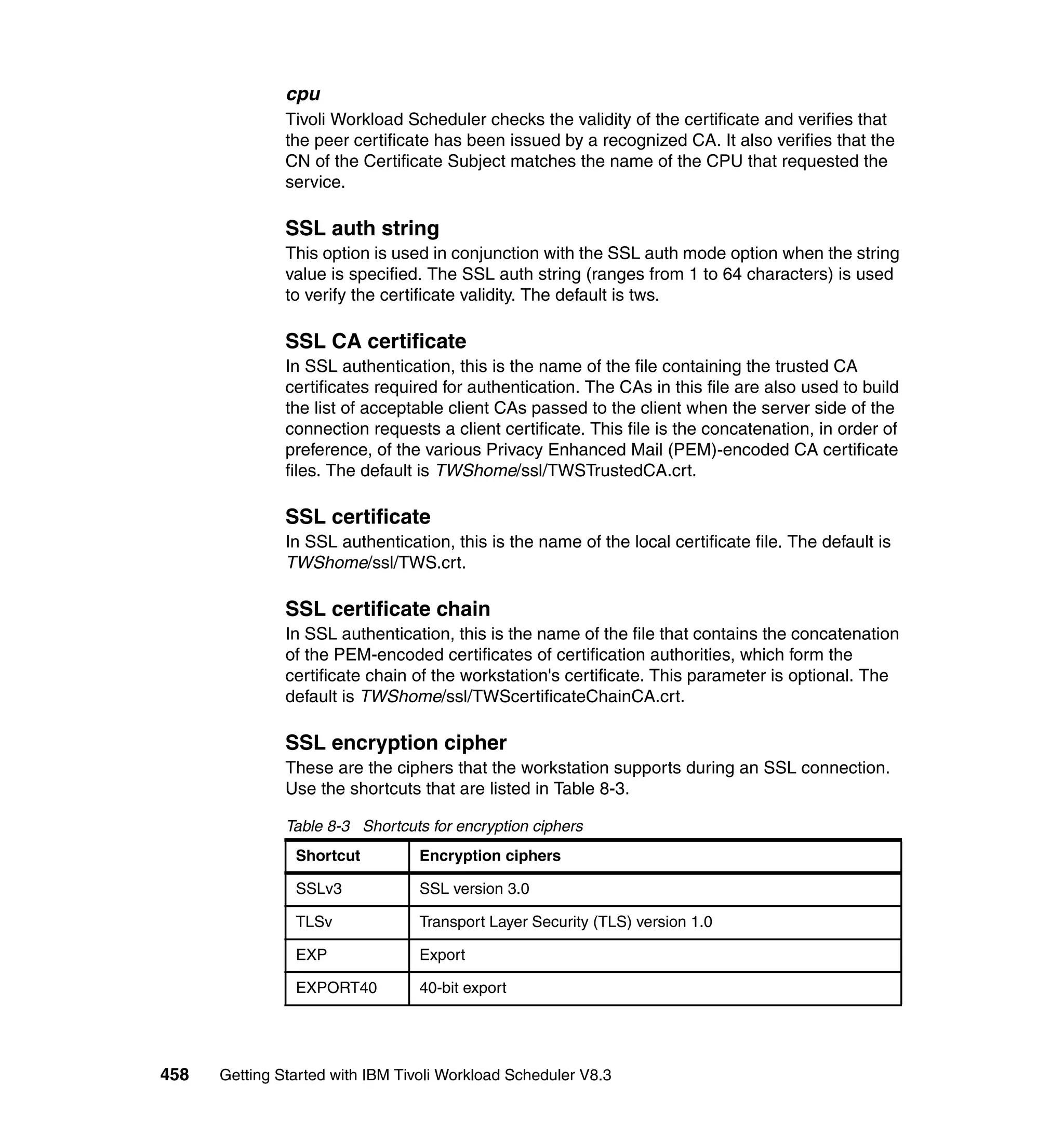 cpu
               Tivoli Workload Scheduler checks the validity of the certificate and verifies that
               the peer certificate has been issued by a recognized CA. It also verifies that the
               CN of the Certificate Subject matches the name of the CPU that requested the
               service.

               SSL auth string
               This option is used in conjunction with the SSL auth mode option when the string
               value is specified. The SSL auth string (ranges from 1 to 64 characters) is used
               to verify the certificate validity. The default is tws.

               SSL CA certificate
               In SSL authentication, this is the name of the file containing the trusted CA
               certificates required for authentication. The CAs in this file are also used to build
               the list of acceptable client CAs passed to the client when the server side of the
               connection requests a client certificate. This file is the concatenation, in order of
               preference, of the various Privacy Enhanced Mail (PEM)-encoded CA certificate
               files. The default is TWShome/ssl/TWSTrustedCA.crt.

               SSL certificate
               In SSL authentication, this is the name of the local certificate file. The default is
               TWShome/ssl/TWS.crt.

               SSL certificate chain
               In SSL authentication, this is the name of the file that contains the concatenation
               of the PEM-encoded certificates of certification authorities, which form the
               certificate chain of the workstation's certificate. This parameter is optional. The
               default is TWShome/ssl/TWScertificateChainCA.crt.

               SSL encryption cipher
               These are the ciphers that the workstation supports during an SSL connection.
               Use the shortcuts that are listed in Table 8-3.

               Table 8-3 Shortcuts for encryption ciphers
                Shortcut          Encryption ciphers

                SSLv3             SSL version 3.0

                TLSv              Transport Layer Security (TLS) version 1.0

                EXP               Export

                EXPORT40          40-bit export




458   Getting Started with IBM Tivoli Workload Scheduler V8.3
 