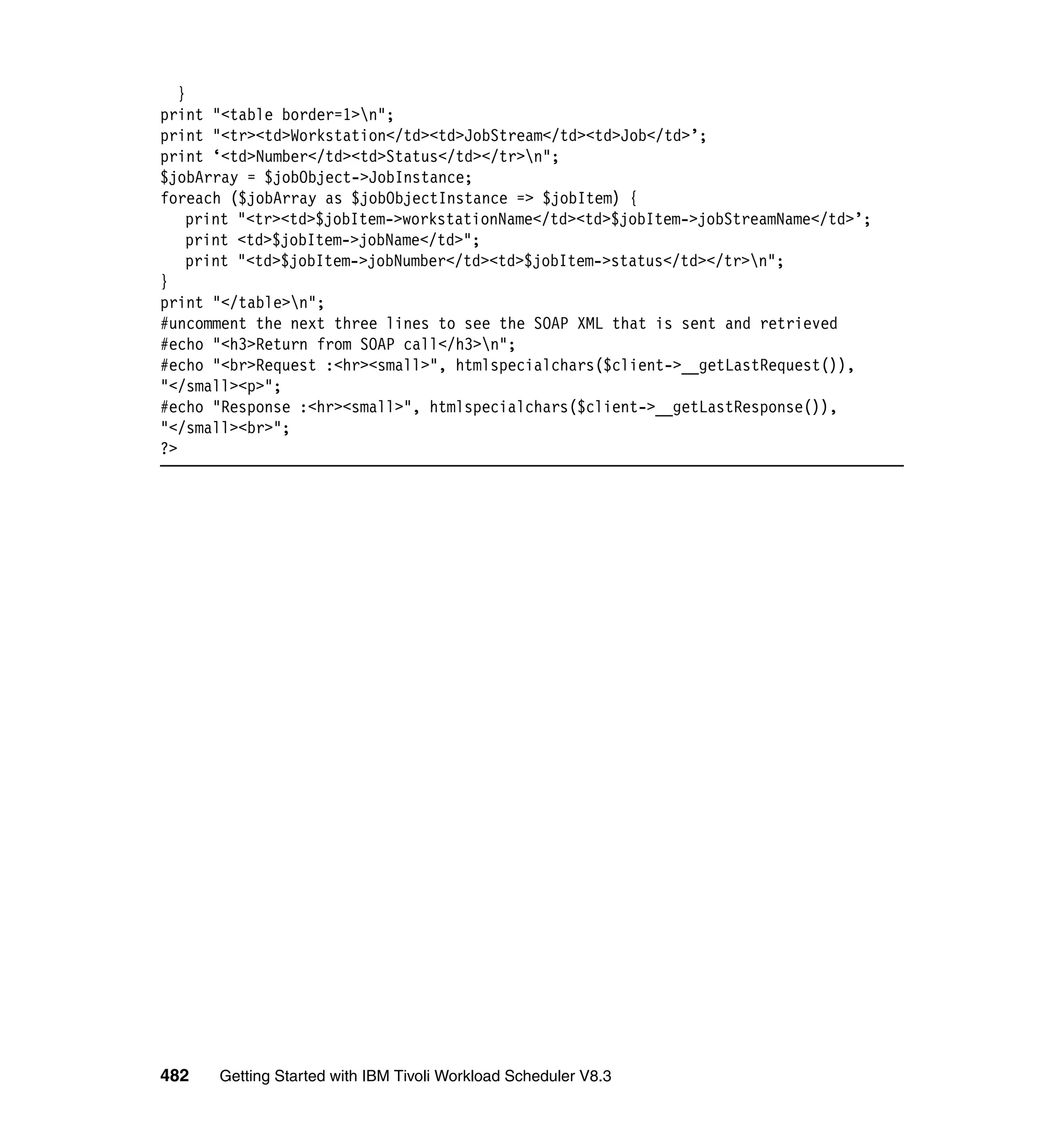 }
print "<table border=1>n";
print "<tr><td>Workstation</td><td>JobStream</td><td>Job</td>’;
print ‘<td>Number</td><td>Status</td></tr>n";
$jobArray = $jobObject->JobInstance;
foreach ($jobArray as $jobObjectInstance => $jobItem) {
    print "<tr><td>$jobItem->workstationName</td><td>$jobItem->jobStreamName</td>’;
    print <td>$jobItem->jobName</td>";
    print "<td>$jobItem->jobNumber</td><td>$jobItem->status</td></tr>n";
}
print "</table>n";
#uncomment the next three lines to see the SOAP XML that is sent and retrieved
#echo "<h3>Return from SOAP call</h3>n";
#echo "<br>Request :<hr><small>", htmlspecialchars($client->__getLastRequest()),
"</small><p>";
#echo "Response :<hr><small>", htmlspecialchars($client->__getLastResponse()),
"</small><br>";
?>




482   Getting Started with IBM Tivoli Workload Scheduler V8.3
 
