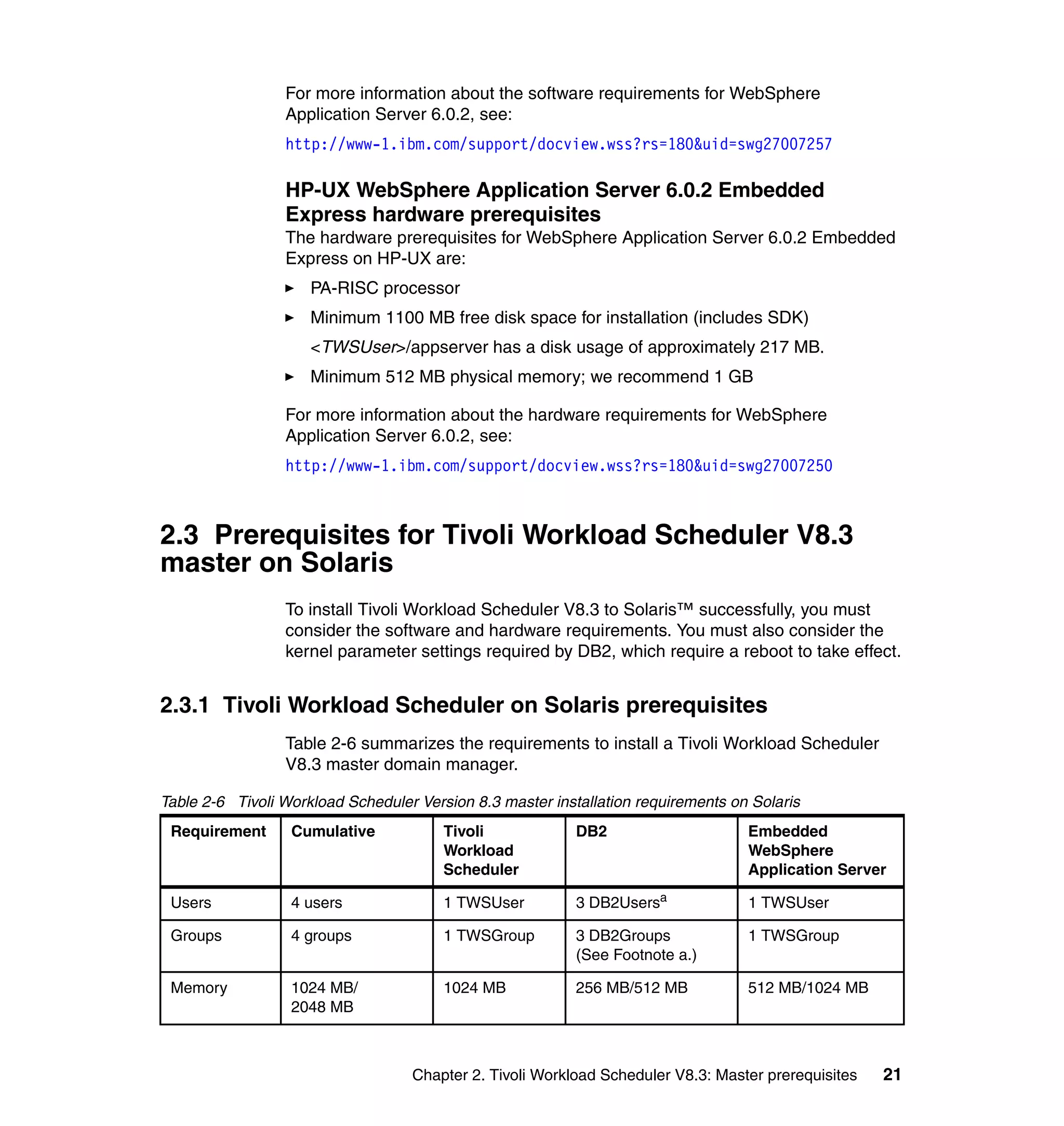 For more information about the software requirements for WebSphere
                 Application Server 6.0.2, see:
                 http://www-1.ibm.com/support/docview.wss?rs=180&uid=swg27007257

                 HP-UX WebSphere Application Server 6.0.2 Embedded
                 Express hardware prerequisites
                 The hardware prerequisites for WebSphere Application Server 6.0.2 Embedded
                 Express on HP-UX are:
                     PA-RISC processor
                     Minimum 1100 MB free disk space for installation (includes SDK)
                     <TWSUser>/appserver has a disk usage of approximately 217 MB.
                     Minimum 512 MB physical memory; we recommend 1 GB

                 For more information about the hardware requirements for WebSphere
                 Application Server 6.0.2, see:
                 http://www-1.ibm.com/support/docview.wss?rs=180&uid=swg27007250



2.3 Prerequisites for Tivoli Workload Scheduler V8.3
master on Solaris
                 To install Tivoli Workload Scheduler V8.3 to Solaris™ successfully, you must
                 consider the software and hardware requirements. You must also consider the
                 kernel parameter settings required by DB2, which require a reboot to take effect.


2.3.1 Tivoli Workload Scheduler on Solaris prerequisites
                 Table 2-6 summarizes the requirements to install a Tivoli Workload Scheduler
                 V8.3 master domain manager.

Table 2-6 Tivoli Workload Scheduler Version 8.3 master installation requirements on Solaris
 Requirement      Cumulative            Tivoli             DB2                     Embedded
                                        Workload                                   WebSphere
                                        Scheduler                                  Application Server

 Users            4 users               1 TWSUser          3 DB2Usersa             1 TWSUser

 Groups           4 groups              1 TWSGroup         3 DB2Groups             1 TWSGroup
                                                           (See Footnote a.)

 Memory           1024 MB/              1024 MB            256 MB/512 MB           512 MB/1024 MB
                  2048 MB



                                   Chapter 2. Tivoli Workload Scheduler V8.3: Master prerequisites   21
 