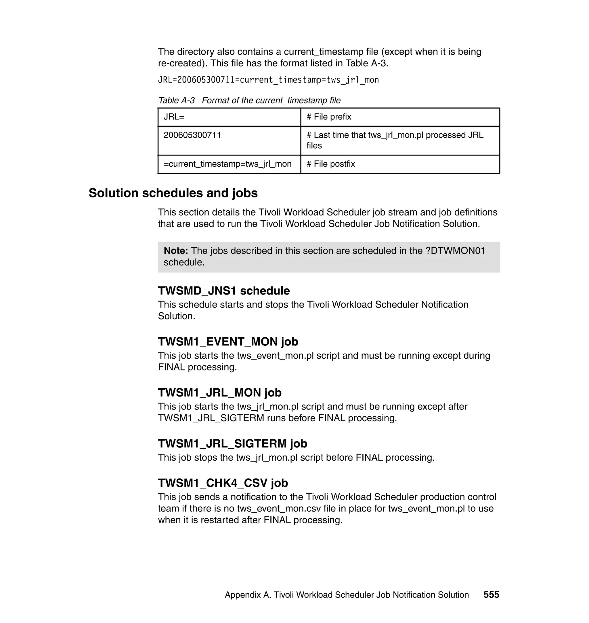 The directory also contains a current_timestamp file (except when it is being
           re-created). This file has the format listed in Table A-3.
           JRL=200605300711=current_timestamp=tws_jrl_mon

           Table A-3 Format of the current_timestamp file
            JRL=                                # File prefix

            200605300711                        # Last time that tws_jrl_mon.pl processed JRL
                                                files

            =current_timestamp=tws_jrl_mon      # File postfix


Solution schedules and jobs
           This section details the Tivoli Workload Scheduler job stream and job definitions
           that are used to run the Tivoli Workload Scheduler Job Notification Solution.

            Note: The jobs described in this section are scheduled in the ?DTWMON01
            schedule.


           TWSMD_JNS1 schedule
           This schedule starts and stops the Tivoli Workload Scheduler Notification
           Solution.

           TWSM1_EVENT_MON job
           This job starts the tws_event_mon.pl script and must be running except during
           FINAL processing.

           TWSM1_JRL_MON job
           This job starts the tws_jrl_mon.pl script and must be running except after
           TWSM1_JRL_SIGTERM runs before FINAL processing.

           TWSM1_JRL_SIGTERM job
           This job stops the tws_jrl_mon.pl script before FINAL processing.

           TWSM1_CHK4_CSV job
           This job sends a notification to the Tivoli Workload Scheduler production control
           team if there is no tws_event_mon.csv file in place for tws_event_mon.pl to use
           when it is restarted after FINAL processing.




                           Appendix A. Tivoli Workload Scheduler Job Notification Solution   555
 