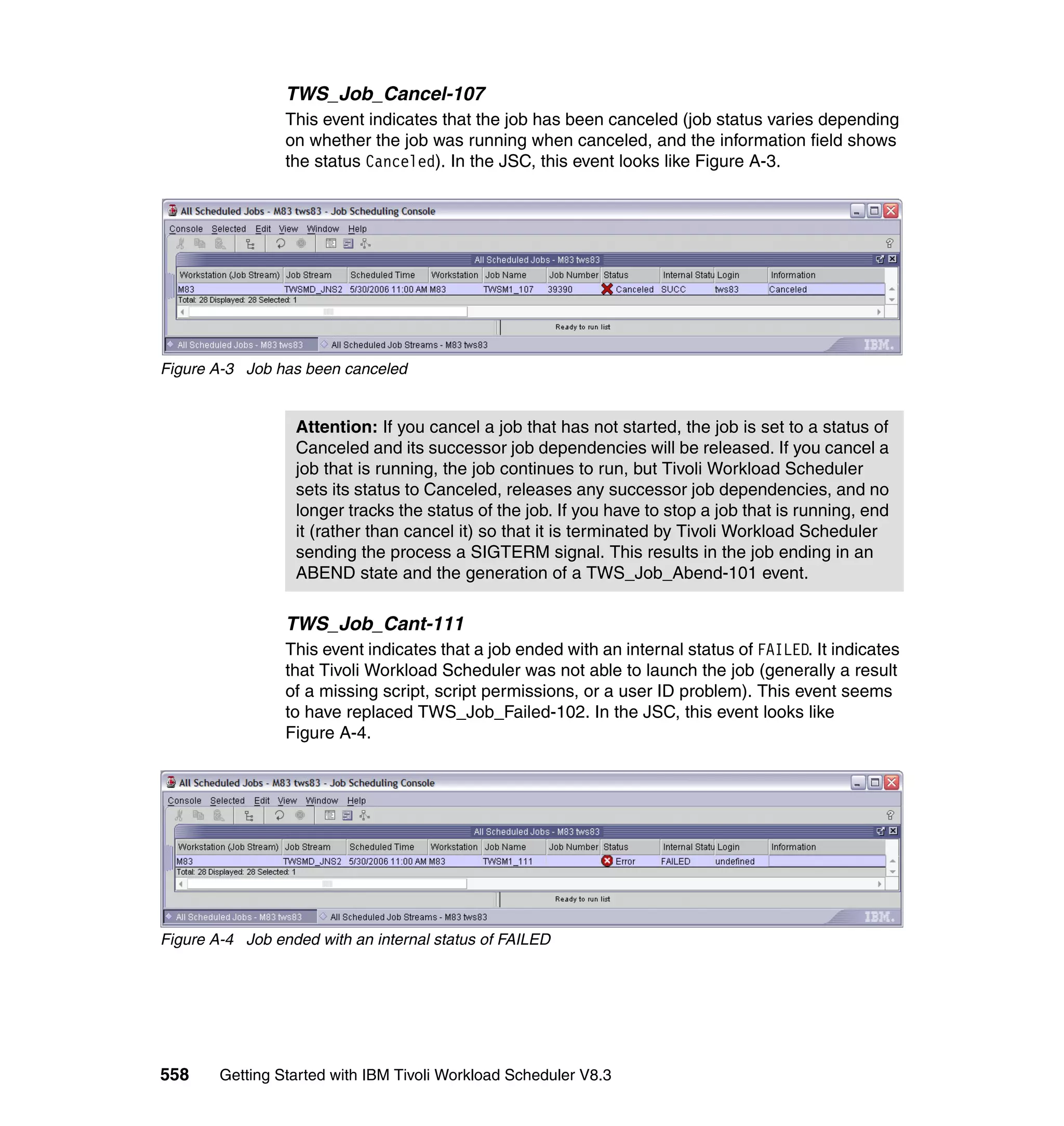 TWS_Job_Cancel-107
                 This event indicates that the job has been canceled (job status varies depending
                 on whether the job was running when canceled, and the information field shows
                 the status Canceled). In the JSC, this event looks like Figure A-3.




Figure A-3 Job has been canceled


                  Attention: If you cancel a job that has not started, the job is set to a status of
                  Canceled and its successor job dependencies will be released. If you cancel a
                  job that is running, the job continues to run, but Tivoli Workload Scheduler
                  sets its status to Canceled, releases any successor job dependencies, and no
                  longer tracks the status of the job. If you have to stop a job that is running, end
                  it (rather than cancel it) so that it is terminated by Tivoli Workload Scheduler
                  sending the process a SIGTERM signal. This results in the job ending in an
                  ABEND state and the generation of a TWS_Job_Abend-101 event.

                 TWS_Job_Cant-111
                 This event indicates that a job ended with an internal status of FAILED. It indicates
                 that Tivoli Workload Scheduler was not able to launch the job (generally a result
                 of a missing script, script permissions, or a user ID problem). This event seems
                 to have replaced TWS_Job_Failed-102. In the JSC, this event looks like
                 Figure A-4.




Figure A-4 Job ended with an internal status of FAILED




558     Getting Started with IBM Tivoli Workload Scheduler V8.3
 