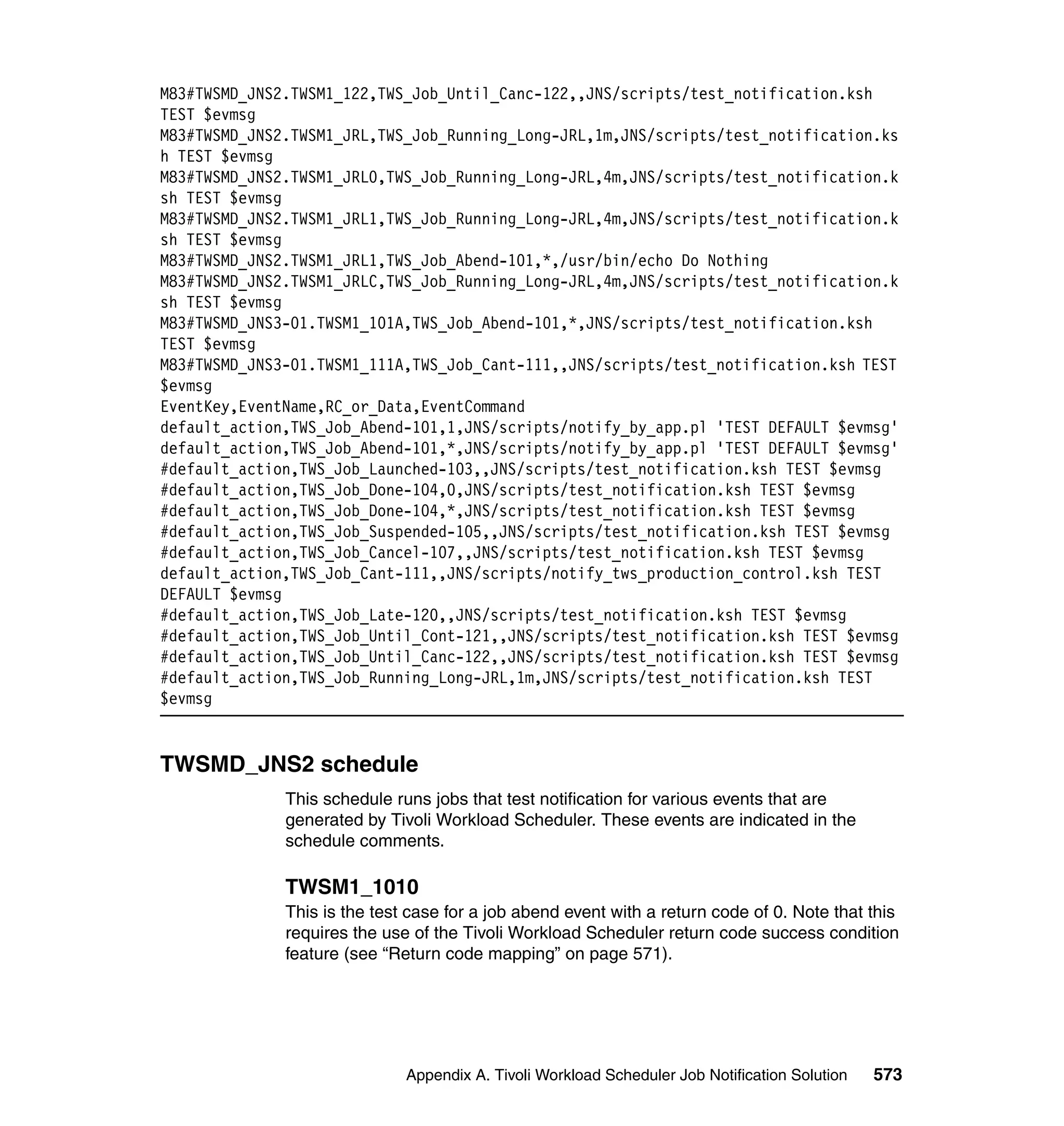 M83#TWSMD_JNS2.TWSM1_122,TWS_Job_Until_Canc-122,,JNS/scripts/test_notification.ksh
TEST $evmsg
M83#TWSMD_JNS2.TWSM1_JRL,TWS_Job_Running_Long-JRL,1m,JNS/scripts/test_notification.ks
h TEST $evmsg
M83#TWSMD_JNS2.TWSM1_JRL0,TWS_Job_Running_Long-JRL,4m,JNS/scripts/test_notification.k
sh TEST $evmsg
M83#TWSMD_JNS2.TWSM1_JRL1,TWS_Job_Running_Long-JRL,4m,JNS/scripts/test_notification.k
sh TEST $evmsg
M83#TWSMD_JNS2.TWSM1_JRL1,TWS_Job_Abend-101,*,/usr/bin/echo Do Nothing
M83#TWSMD_JNS2.TWSM1_JRLC,TWS_Job_Running_Long-JRL,4m,JNS/scripts/test_notification.k
sh TEST $evmsg
M83#TWSMD_JNS3-01.TWSM1_101A,TWS_Job_Abend-101,*,JNS/scripts/test_notification.ksh
TEST $evmsg
M83#TWSMD_JNS3-01.TWSM1_111A,TWS_Job_Cant-111,,JNS/scripts/test_notification.ksh TEST
$evmsg
EventKey,EventName,RC_or_Data,EventCommand
default_action,TWS_Job_Abend-101,1,JNS/scripts/notify_by_app.pl 'TEST DEFAULT $evmsg'
default_action,TWS_Job_Abend-101,*,JNS/scripts/notify_by_app.pl 'TEST DEFAULT $evmsg'
#default_action,TWS_Job_Launched-103,,JNS/scripts/test_notification.ksh TEST $evmsg
#default_action,TWS_Job_Done-104,0,JNS/scripts/test_notification.ksh TEST $evmsg
#default_action,TWS_Job_Done-104,*,JNS/scripts/test_notification.ksh TEST $evmsg
#default_action,TWS_Job_Suspended-105,,JNS/scripts/test_notification.ksh TEST $evmsg
#default_action,TWS_Job_Cancel-107,,JNS/scripts/test_notification.ksh TEST $evmsg
default_action,TWS_Job_Cant-111,,JNS/scripts/notify_tws_production_control.ksh TEST
DEFAULT $evmsg
#default_action,TWS_Job_Late-120,,JNS/scripts/test_notification.ksh TEST $evmsg
#default_action,TWS_Job_Until_Cont-121,,JNS/scripts/test_notification.ksh TEST $evmsg
#default_action,TWS_Job_Until_Canc-122,,JNS/scripts/test_notification.ksh TEST $evmsg
#default_action,TWS_Job_Running_Long-JRL,1m,JNS/scripts/test_notification.ksh TEST
$evmsg


TWSMD_JNS2 schedule
              This schedule runs jobs that test notification for various events that are
              generated by Tivoli Workload Scheduler. These events are indicated in the
              schedule comments.

              TWSM1_1010
              This is the test case for a job abend event with a return code of 0. Note that this
              requires the use of the Tivoli Workload Scheduler return code success condition
              feature (see “Return code mapping” on page 571).




                              Appendix A. Tivoli Workload Scheduler Job Notification Solution   573
 