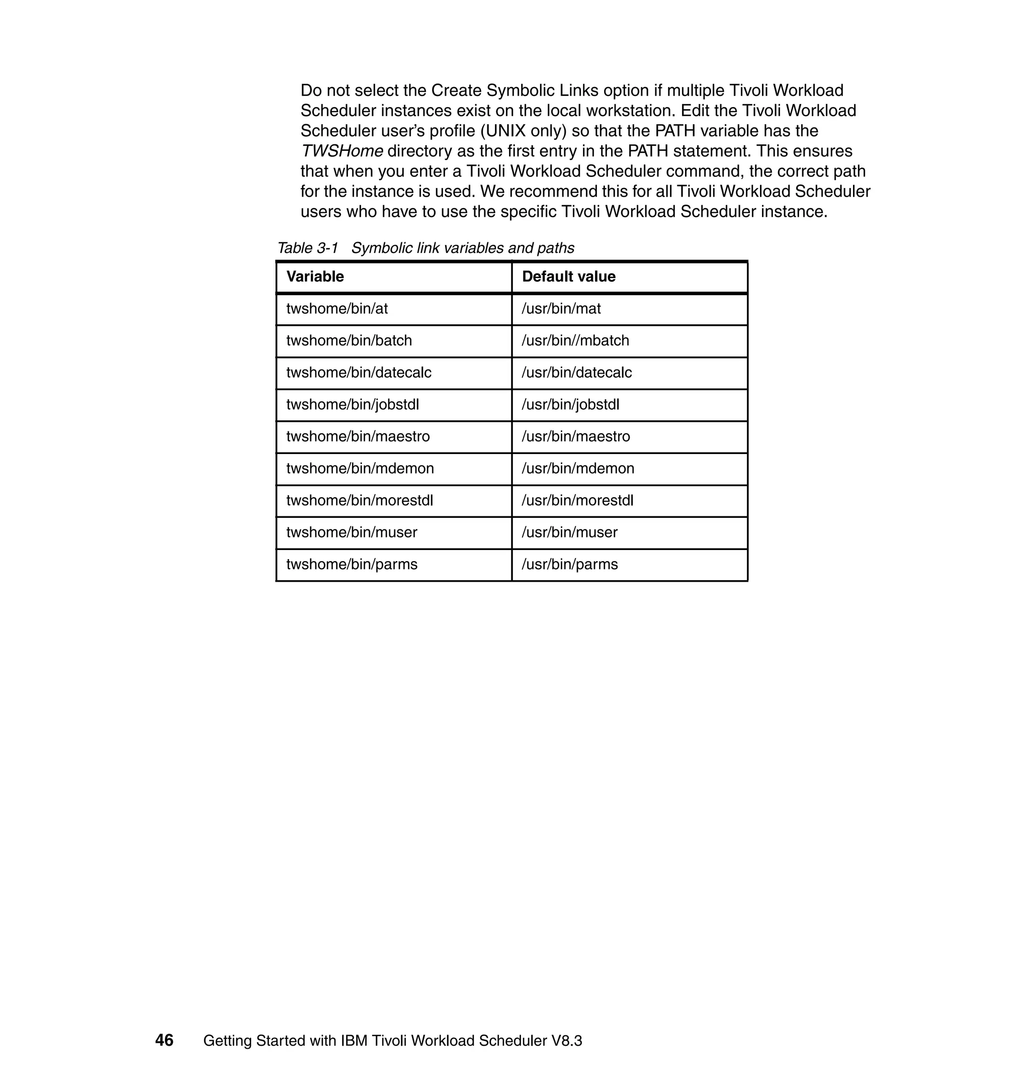 Do not select the Create Symbolic Links option if multiple Tivoli Workload
                   Scheduler instances exist on the local workstation. Edit the Tivoli Workload
                   Scheduler user’s profile (UNIX only) so that the PATH variable has the
                   TWSHome directory as the first entry in the PATH statement. This ensures
                   that when you enter a Tivoli Workload Scheduler command, the correct path
                   for the instance is used. We recommend this for all Tivoli Workload Scheduler
                   users who have to use the specific Tivoli Workload Scheduler instance.

               Table 3-1 Symbolic link variables and paths
                 Variable                          Default value

                 twshome/bin/at                    /usr/bin/mat

                 twshome/bin/batch                 /usr/bin//mbatch

                 twshome/bin/datecalc              /usr/bin/datecalc

                 twshome/bin/jobstdl               /usr/bin/jobstdl

                 twshome/bin/maestro               /usr/bin/maestro

                 twshome/bin/mdemon                /usr/bin/mdemon

                 twshome/bin/morestdl              /usr/bin/morestdl

                 twshome/bin/muser                 /usr/bin/muser

                 twshome/bin/parms                 /usr/bin/parms




46   Getting Started with IBM Tivoli Workload Scheduler V8.3
 