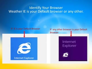Identify Your Browser
Weather IE is your Default browser or any other.



 If IE is your Default Browser   If any other browser is your Default
                                 Browser
 