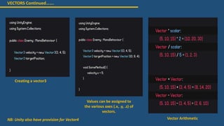 VECTORS Continued…….
Values can be assigned to
the various axes (.x, .y, .z) of
vectors.
Vector Arithmetic
Creating a vector3
NB: Unity also have provision for Vector4
 